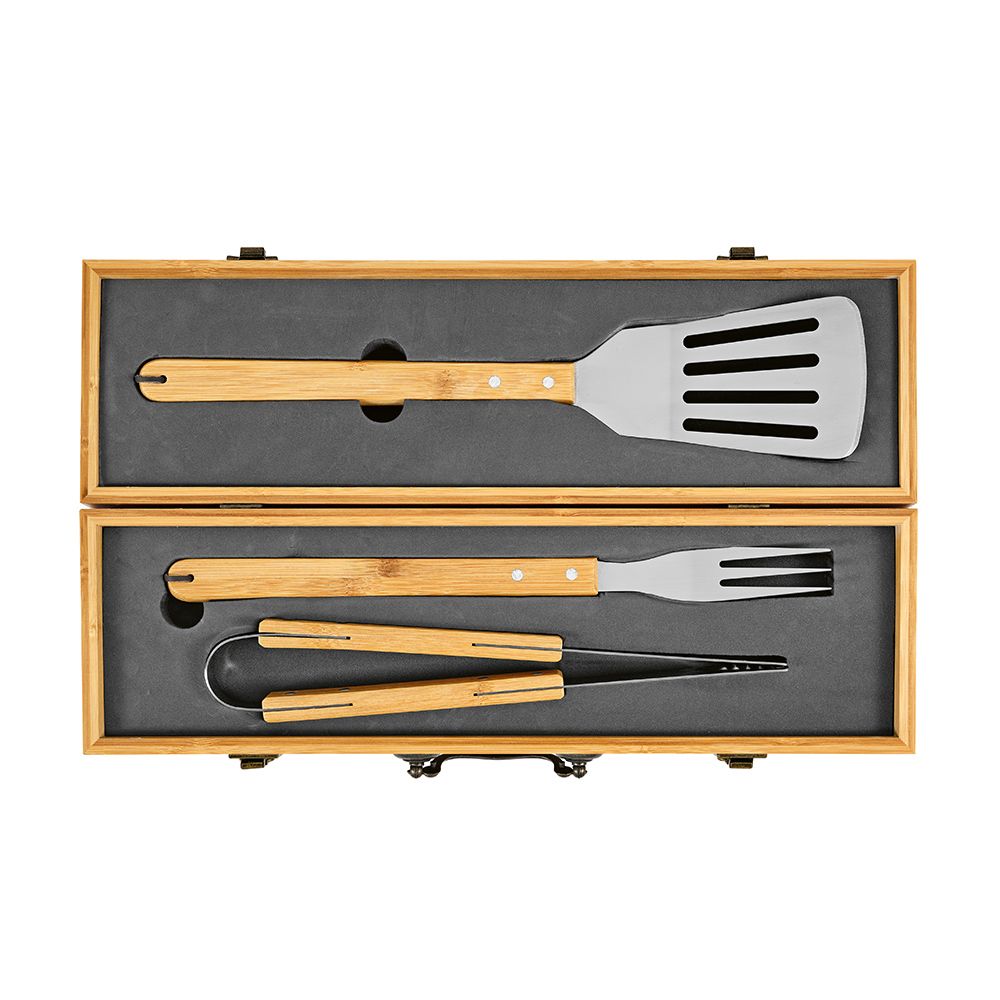 Picture of Turner Barbecue Set Bamboo. With Case, Tong, Fork & Spatula